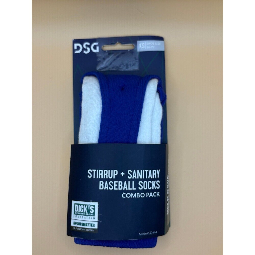 DSG 'STIRUP + SANITARY' BOYS XSMALL 9K-1Y’ WHITE AND ROYAL BLUE BASEBALL SOCKS